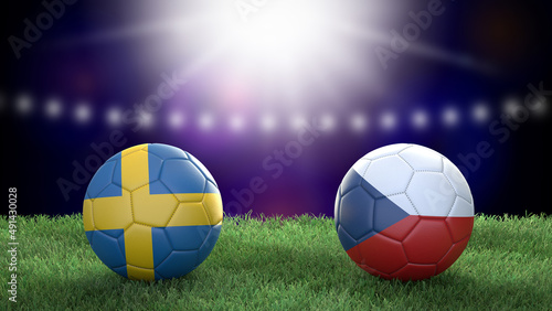 Two soccer balls in flags colors on stadium blurred background. Sweden vs Czech Republic. 3d image