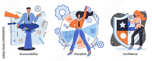 Personal quality concept creative metaphors set. Confidence, accountability and discipline, mental strength, psychological flexibility, decision making, leadership role, personal development