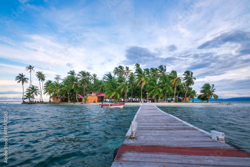 Wideangle view on caribbean island with blue sky