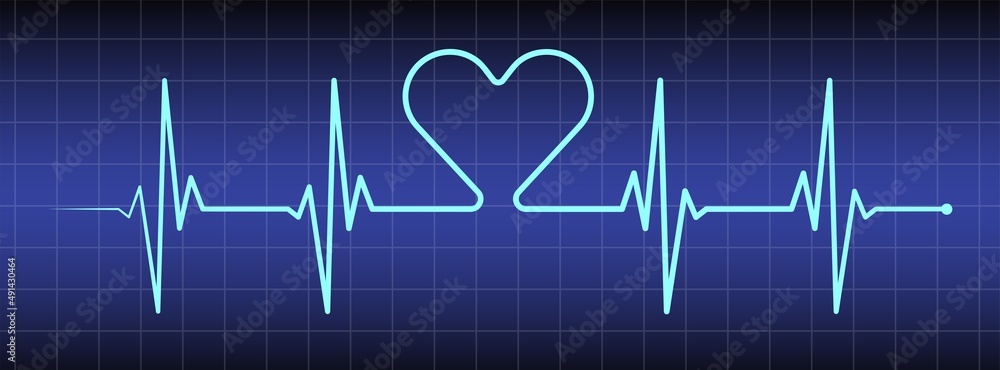 Blue ecg, ekg monitor with line art cardio diagnosis, heartbeat and heart. Heart rhythm line vector design to use in healhcare, healthy lifestyle, medicine and ekg, ecg concept illustration projects.
