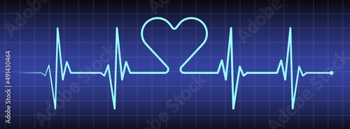 Blue ecg, ekg monitor with line art cardio diagnosis, heartbeat and heart. Heart rhythm line vector design to use in healhcare, healthy lifestyle, medicine and ekg, ecg concept illustration projects. 