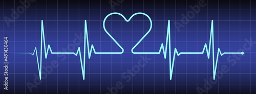 Blue ecg, ekg monitor with line art cardio diagnosis, heartbeat and heart. Heart rhythm line vector design to use in healhcare, healthy lifestyle, medicine and ekg, ecg concept illustration projects.
