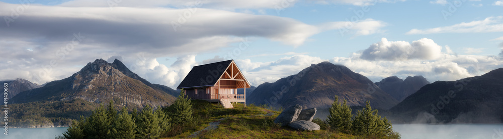 A-frame Cabin home on the ocean coast. 3d Rendering. Nature landscape background from Pacific Ocean of Alaska, USA. Sunny Morning Artwork