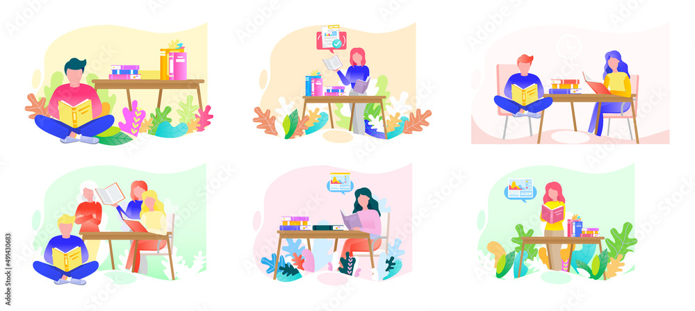 Reading people flat character set with books magazines literature isolated vector illustration. Young male and female readers dressed in trendy clothes relaxing at home with books or textbooks Reading people flat character set with books magazines literature isolated vector illustration. Young male and female readers dressed in trendy clothes relaxing at home with books or textbooks