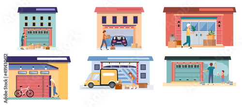 Garage with automatic gates. Gates with lifting mechanism, place for automobile parking. Man chooses modern building to store things and boxes. Garbage and rubbish storage garage vector illustration