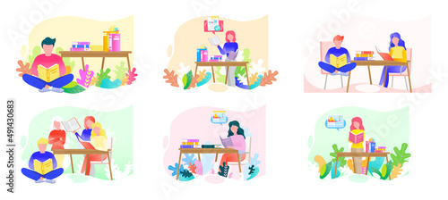 Fototapeta Naklejka Na Ścianę i Meble -  Reading people flat character set with books magazines literature isolated vector illustration. Young male and female readers dressed in trendy clothes relaxing at home with books or textbooks