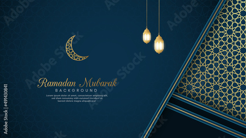 Ramadan Mubarak, Islamic Arabic Blue Luxury Background with Golden Pattern Border Frame	