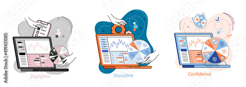 Discipline concept icon. Time management. Working day idea metaphor. Daily affairs of person, indicators of time for work, hobby, study, rest. Fulfillment of planned plans according to regulations