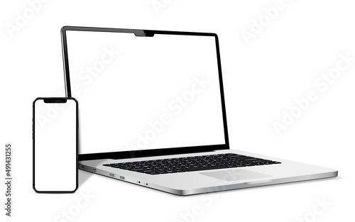 Isolated devices mockup. Smartphone and laptop with blank screen.