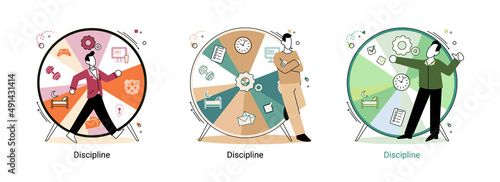 Daily schedule metaphor, daily affairs person, discipline indicators time for rest, work, sleep, food. Scheduling activities for day, time management, distribution of tasks, circle sectors occupation
