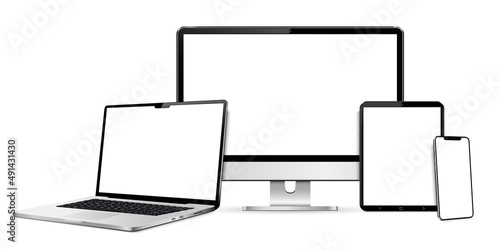 Realistic device set: monitor, laptop, tablet and smartphone