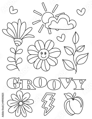 Good Vibes. Positive, Groovy Hand drawn coloring pages for kids and adults. Beautiful drawings with patterns and small details. Coloring book pictures with blooming branches, flowers, smile, stickers