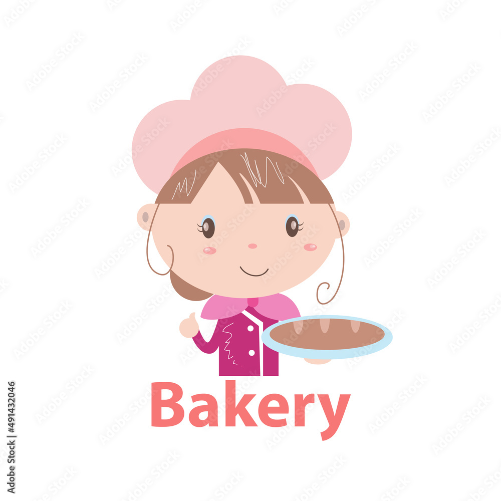 Bakery logo vector illustration with cute girl cartoon art Bakery logo vector illustration with cute girl cartoon art