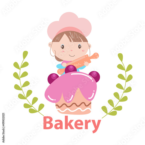 Bakery logo vector illustration with cute girl cartoon art