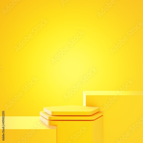 3d rendering of empty yellow podium abstract minimal background. Scene for advertising design, cosmetic ads, show, technology, banner, food, fashion, luxury. Illustration. Product display. copy space
