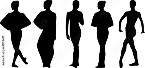 Vector silhouette of ladies, front, back, lateral, view perfect to include in your architecture projects, renders, sketches or plans.