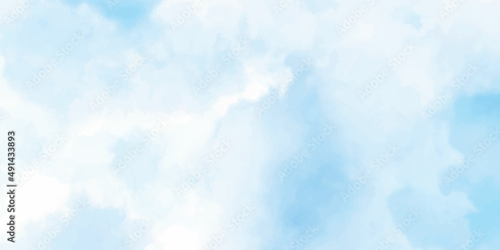 Blue sky with white soft clouds watercolor background. 