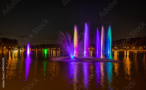 Colorful fountains, Zalew Nowohucki, Krakow, Poland