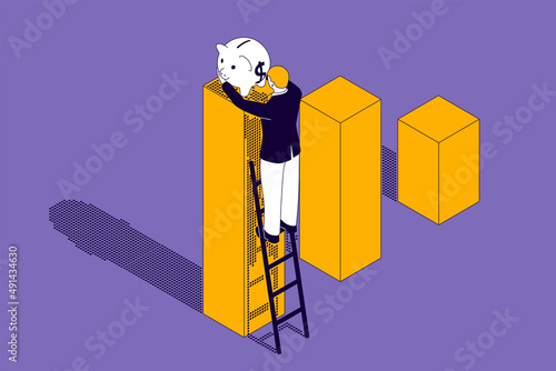 A man is holding a piggy bank on a chart. A businessman in a suit is using a ladder to get a piggy bank.