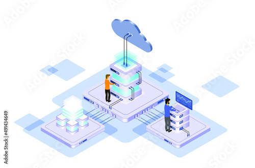 Data center or server room processing data operation with security protection and maintenance with isometric design style - vector