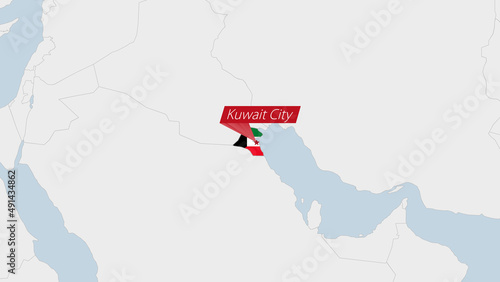 Kuwait map highlighted in Kuwait flag colors and pin of country capital Kuwait City.