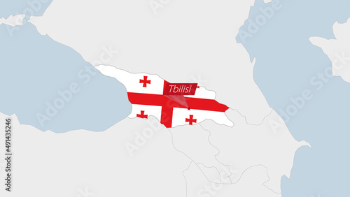 Georgia map highlighted in Georgia flag colors and pin of country capital Tbilisi.