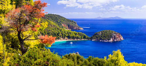 Amazing nature and sea landscapes of Greece. Skopelos island, Sporades. View of Stafilos bay and beach