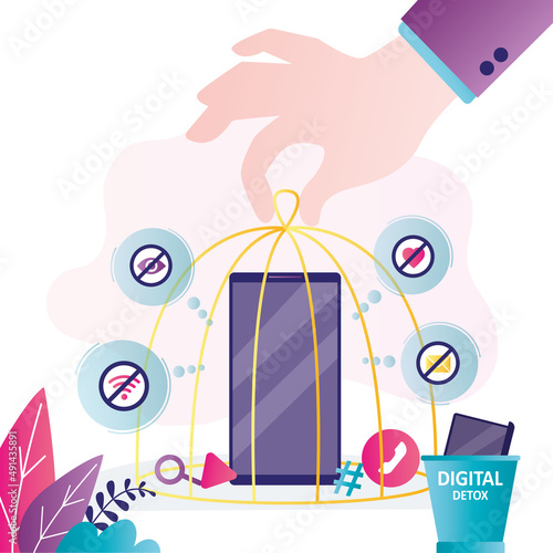Smartphone locked in cage. Concept of digital detox. Man struggles with cyber addiction. A hand covers mobile phone with cell. Turn off gadgets and Internet.