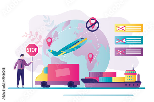 Transport restrictions. Sanctions on movement of goods and cargo. A ban on overflight of aircraft over the country. Trade wars. Border guard with stop sign.