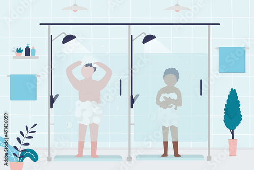 Boys bathe in public bathroom after pool. Restroom interior design. African american child lathers with soap in shower cabin