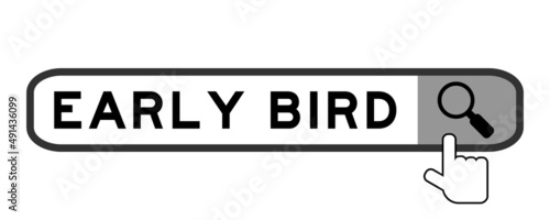 Search banner in word early britd with hand over magnifier icon on white background