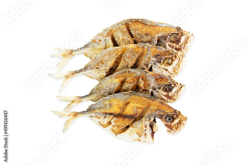Deep fried fishes white background with clipping path, top view