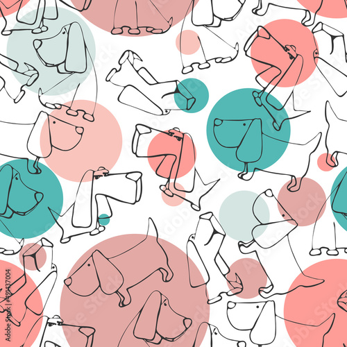 191_dog, cartoon_cute cartoon beagle dog, seamless pattern, black and white drawing, contour, coloring book, white background, pink, blue circles