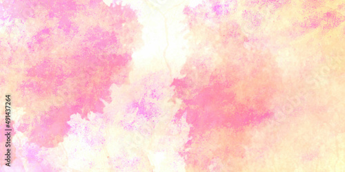 Abstract watercolor background with watercolor splashes and Scanned painted watercolor texture. Hand painted wash on cotton paper. Pastel pink and yellow quarelle painted paper template texture. © MdLothfor