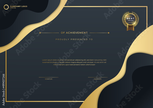 Modern black gold certificate template and border, for award, diploma, and printing. Black and gold elegant certificate of achievement template with gold badge and border
