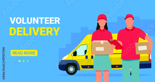 Volunteer delivery during war or crisis or quarantine. Vector banner