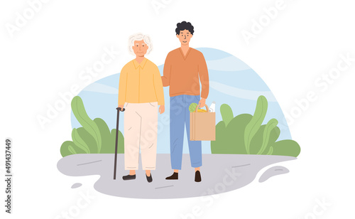 Male caretaker and elderly woman outdoors. Volunteer helping grandma. Scene of social worker with senior person helping to do grocery shopping. Nursing or retirement home services. Vector illustration photo
