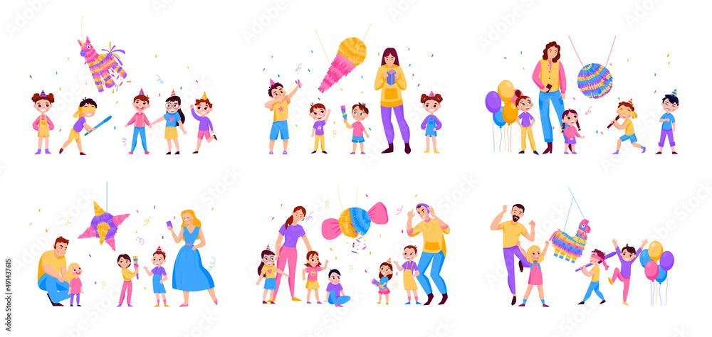 Fototapeta premium Mexican Pinatas Color Icon Set