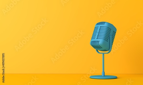 Vintage style microphone against a plain bright yellow background. 3D Rendering