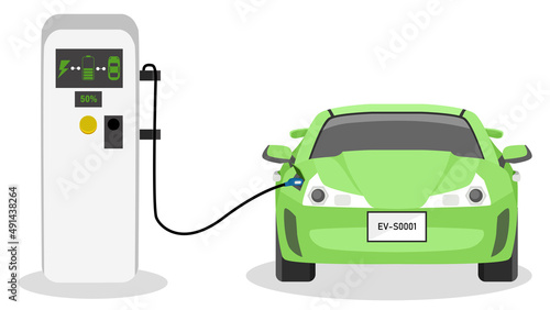 Electric Vehicle front of sport car charging parking at the charger station with a plug in cable.  Charging in the beside of car to battery. Isolated flat vector illustration on white background.