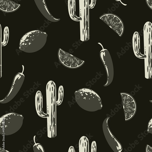 Dark seamless pattern with food and cactus