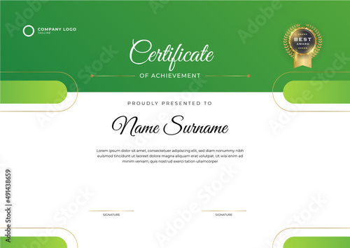 Modern green certificate template and border, for award, diploma, and printing. Green elegant certificate of achievement template with gold badge