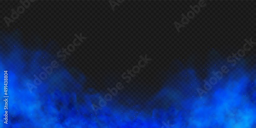 Blue smoke isolated on dark transparent background. Realistic blue magic mist cloud. Realistic vector illustration.