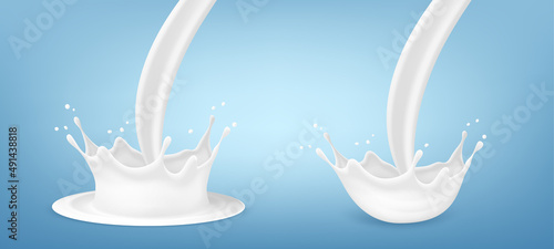 Vector realistic milk splash. Milk crown splash set isolated on blue background