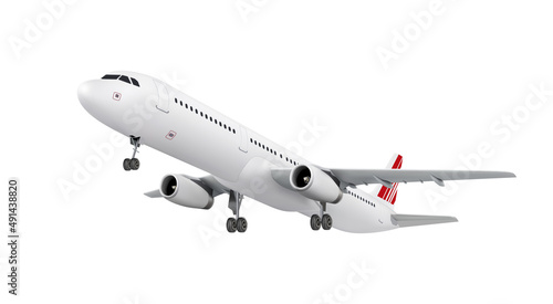 WebRealistic 3D model of an airplane flying in the air isolated on white background. Passenger plane sky flying. Vector Illustration photo