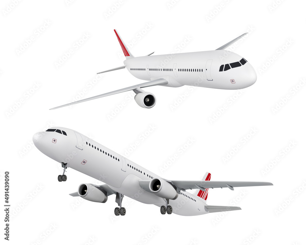 Obraz premium Realistic aircraft. Passenger plane in different views. Vector 3D model of an airplane isolated on white background.