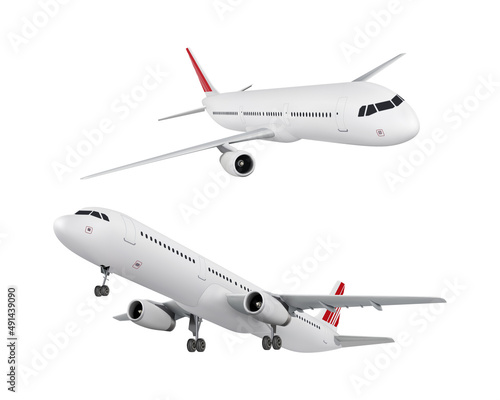 Realistic aircraft. Passenger plane in different views. Vector 3D model of an airplane isolated on white background.