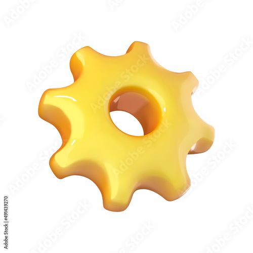 Gear icon in cartoon 3d style isolated on white background. Vector illustration plastic volumetric yellow gear.