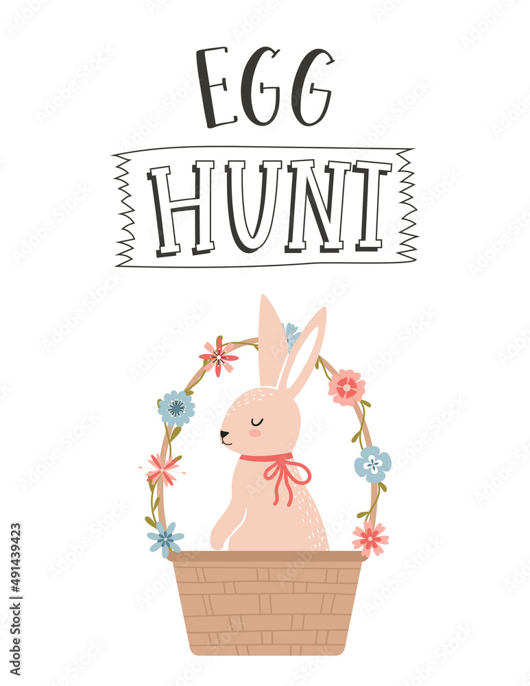 An Easter greeting card with a cute bunny sitting in a wicker basket decorated with simple flowers. The hand lettering phrase - Egg hunt. Color flat cartoon vector illustration on white background. An Easter greeting card with a cute bunny sitting in a wicker basket decorated with simple flowers. The hand lettering phrase - Egg hunt. Color flat cartoon vector illustration on white background.