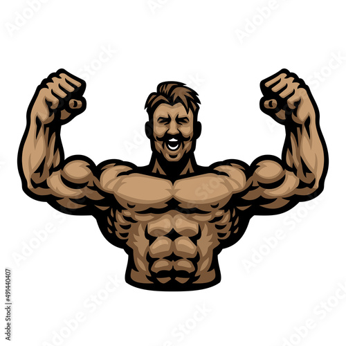 Mustache Bodybulder Mascot Logo Pose